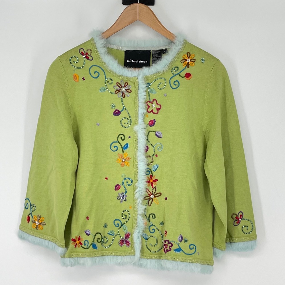 Michael Simon Embroidered Floral Cardigan Fur Trim‎ Green L Vintage